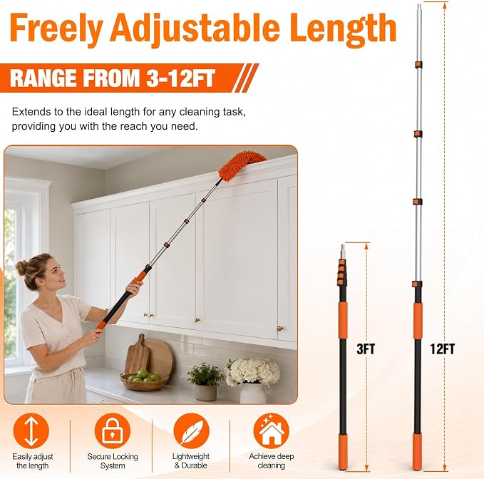LAANPOLE 20FT High Reach Duster Cleaning Kit with Extension Pole, High Ceiling Fan Cleaner Duster Tool for Fan Blades, Window Washing Kit with Microfiber Feather Duster & Window Squeegee