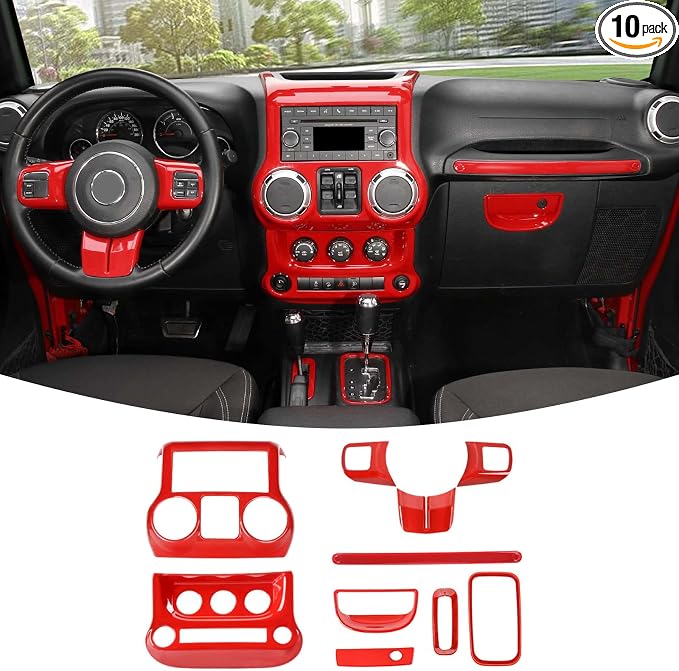 RT-TCZ 10PCS JK Interior Accessories Trim Kit for Jeep Wrangler 2011-2017 | Red JKU Center Console Dashboard Cover, Steering Wheel Decal, Gear Shift Panel, ABS Plastic, Tape-Easy Install