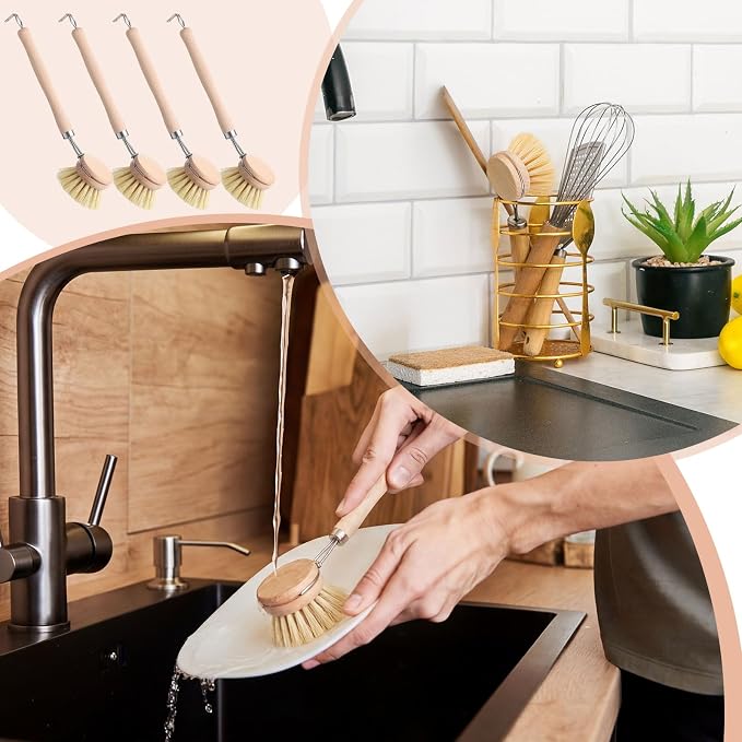 Maxdot 10 Pcs Kitchen Dish Brush with Beechwood Handle Natural Wooden Handle Scrub Brush Fiber Bristles Dish Scrub 2 Inch Replacement Head for Pots Pans Utensils Washing Supplies