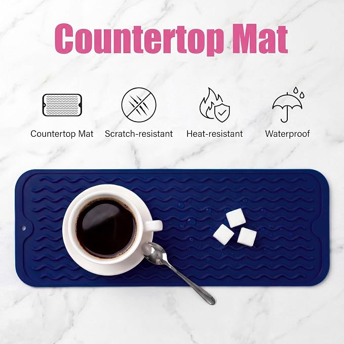 MicoYang Silicone Dish Drying Mat for Multiple Usage,Easy clean,Eco-friendly,Heat-resistant Silicone Mat for Kitchen Counter,Sink,Bar,Bottle,or Cup Navy Blue M 17 inches x 6 inches