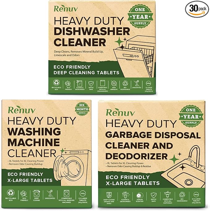 Renuv® Washing Machine + Dishwasher + Garbage Disposal Cleaner Bundle | Heavy Duty Home Appliance Deep Cleaning, Descaling, Deodorizing