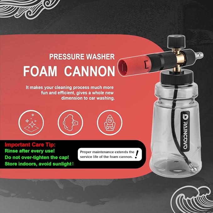 Raincovo Foam Cannon Wide Mouth for Pressure Washer, Snow Pro | Thick Snow Foam Lance for Car Wash, Adjustable Soap Cannon with 1/4 Inch Quick Connector, Additional 1.1mm Orifice Nozzle