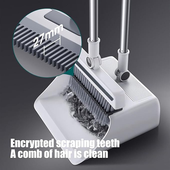 3-in-1 Broom and Dustpan Set with Cleaning Teeth Brooms with Dustpan Combo | Set 38" Stainless Steel Long Handle,Standing Storage, Indoor Sweeping Combo for Home & Kitchen, White