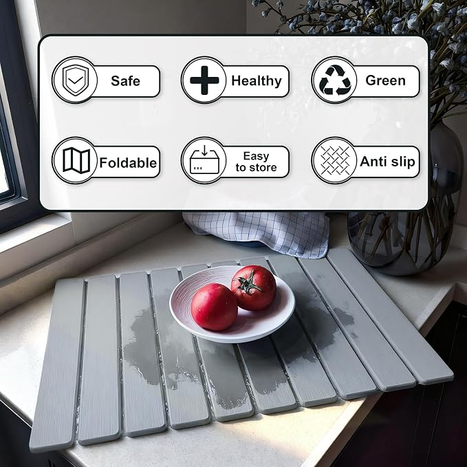 Large Stone Dish Drying Mat for Kitchen Counter, 24"×16" Quick Dry Collapsible Diatomaceous Earth Mat – Super Absorbent Foldable Drying Pad for Dishes (Light Gray, 23.2" x 15.4")