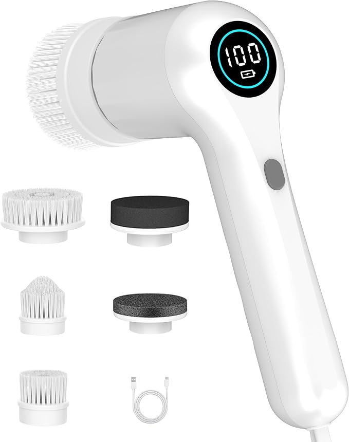 Electric Spin Scrubber, 44 in-lbs High Torque Shower Scrubber & LED Display, 6 in 1, Variable Speed Cordless Shower Cleaner Brush for Cleaning Bathroom, Kitchen, Toilet, Bathtub, Car