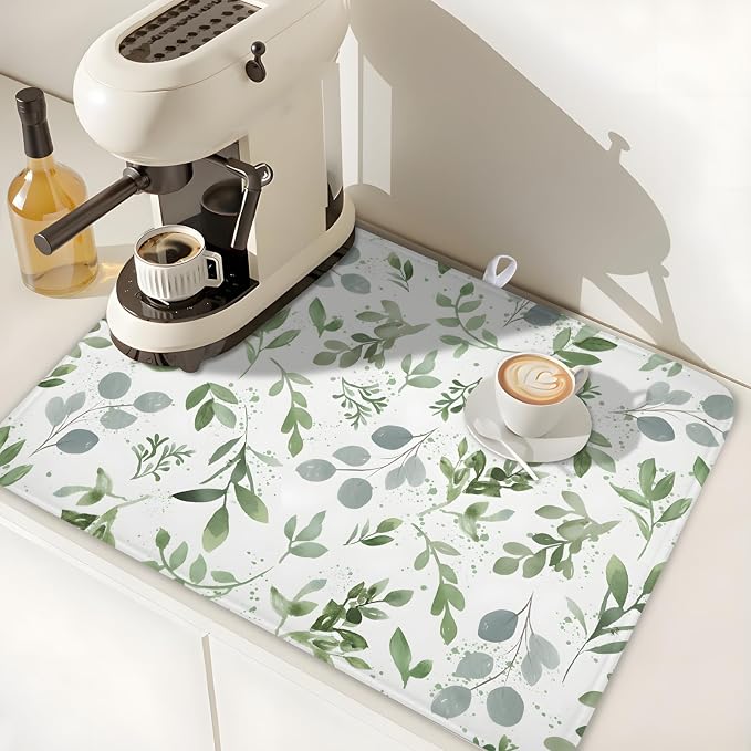Spring Summer Sage Green Leaves Dish Drying Mat 16x18 Inch | Eucalyptus Leaf，Polyester，Absorbent Microfiber，for Kitchen Coffee Dining Bar Decor