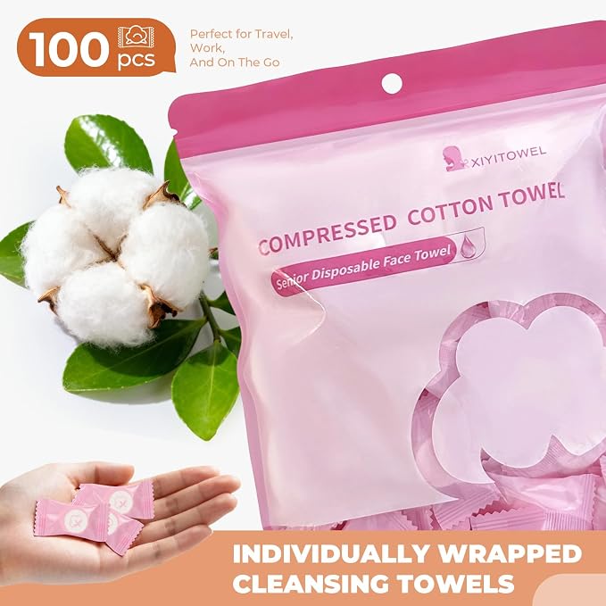 Classycoo Compressed Towel 100 PCS Mini Tablets Disposable Portable Face Towel Cotton Coin Tissue Eco-Friendly for Travel, Camping, Hiking, Sport, Beauty, Home Hand Cloths, Outdoor Activities Pink