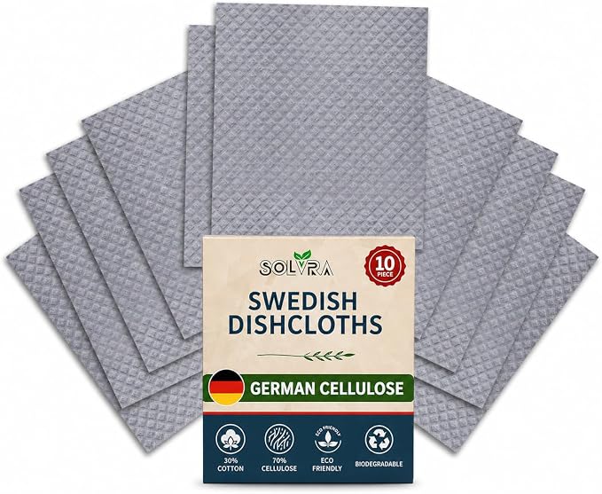 Swedish Dishcloths for Kitchen – 10 Pack Grey Reusable Cellulose Sponge Cloths – Ultra Absorbent, Eco-Friendly Cleaning Towels – No Odor, Assorted Dishcloths for Washing Dishes & General Cleaning