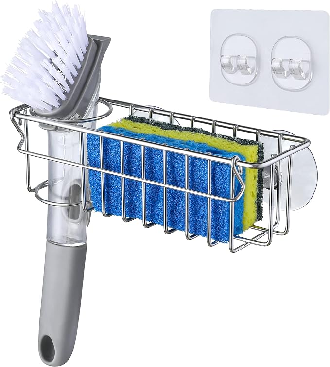 3-In-1 Sponge Holder for Kitchen Sink with Suction Cups & Adhesive Hook , In-sink Sponge Holder, Wall Hanging Sink Caddy Organizer Rack - Sponge, Dish Cloth, Brush, Scrubber - 304 Stainless Steel
