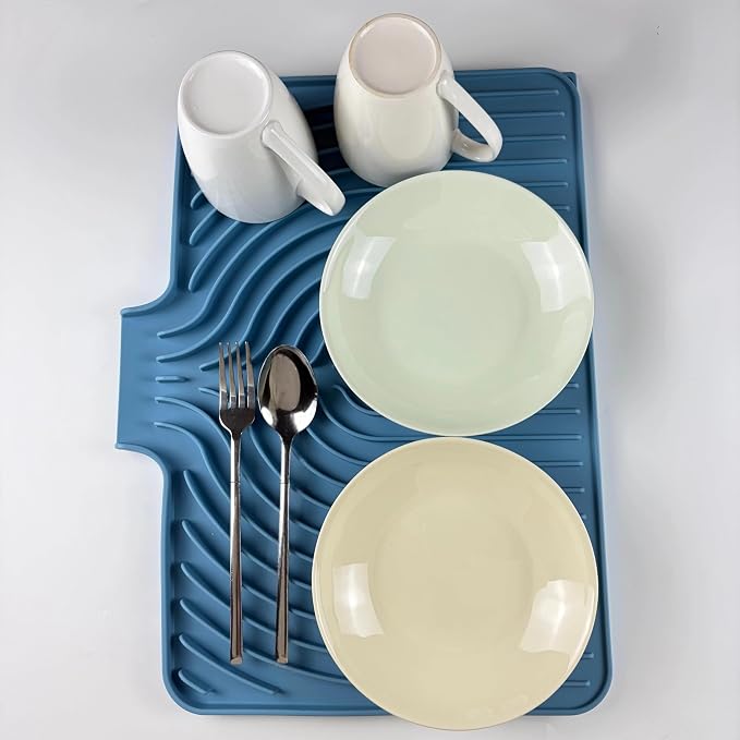 Dish Drying Mat for Kitchen Counter, with Built-in Drain Lip, Food-Grade Silicone, Easy Clean Pad for Countertop Protection, Multi-Functional Use (18x11.8, Light Blue)