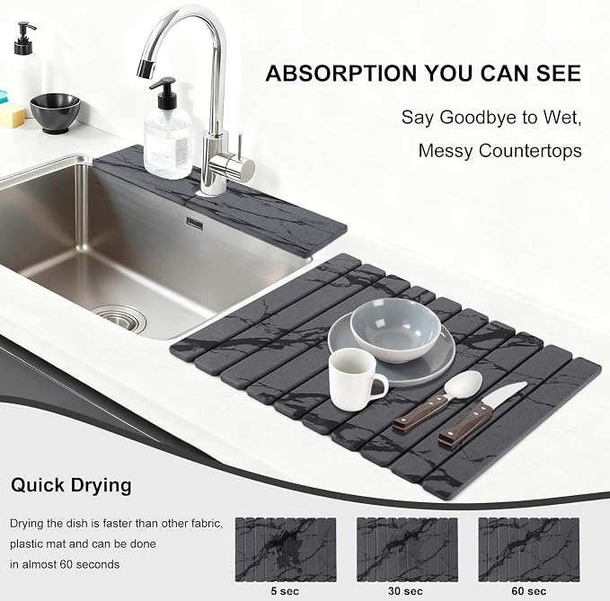 3 PCS Large Stone Dish Drying Mat for Kitchen Counter, Quick Dry Diatomaceous Earth Mat with Sink Faucet Pad, Marble Water Absorbing Stone Drying Mats for Dishes, Bottles and Cups
