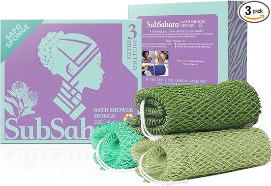 SubSahara Authentic African Net Sponge - 3 Pack Exfoliating Bath & Shower Loofah Sponge for Body & Face, Gentle Scrubber for All Skin Types, Travel, Durable