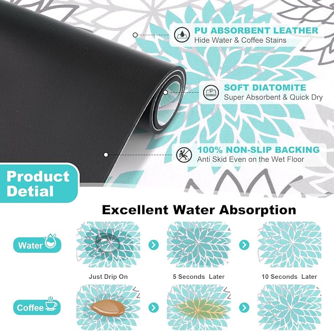 Findosom 2PCS 12" x 20" Dish Drying Mat & 24" x 5.5" Sink Splash Guard, Super Absorbent & Cuttable Dish Mat Drying Kitchen Mat with Teal Floral, Hide Stain Drying Mat for Kitchen Counter