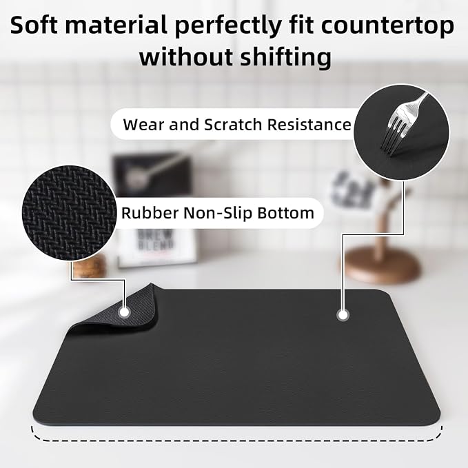 LOPNUR Kitchen Dish Drying Mat, 18"x16" Small Dish Drying Mats for Kitchen Counter, Super Absorbent Dish Drying Pad, Diatomite Coffee Mat Heat Resistant Mat with Anti-slip Rubber Backed, Black