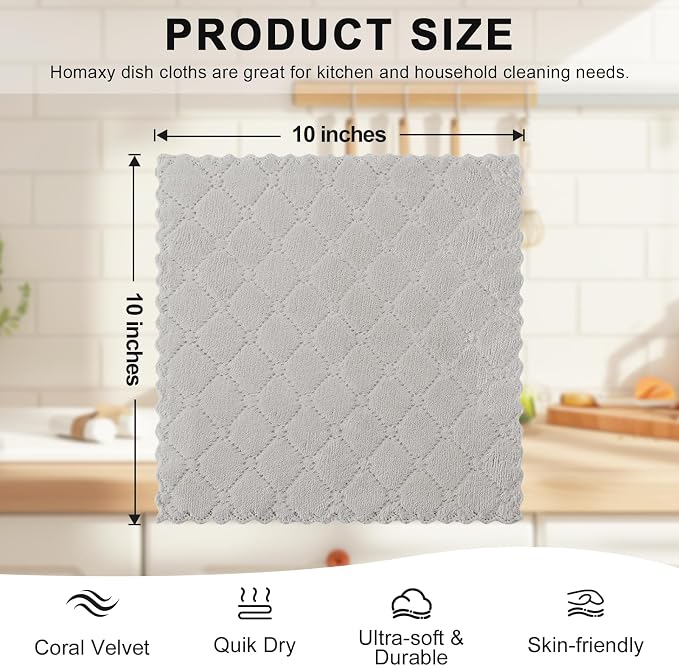 Homaxy 12 Pack Kitchen Dish Cloths (10 x 10 Inches, Grey), Super Soft and Absorbent Coral Velvet Dish Towels, Nonstick Oil Fast Drying Microfiber Cleaning Cloth, No Lint Household Dishcloths