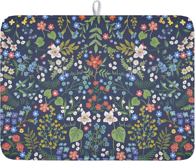 Flower Floral Dish Drying Mat 18x24 inch Microfiber Navy Blue Drying Mats with Hanging Loop Absorbent Green Leaves Dish Drainer Mat Reversible Flowers Drying Pad for Kitchen Counter Sink