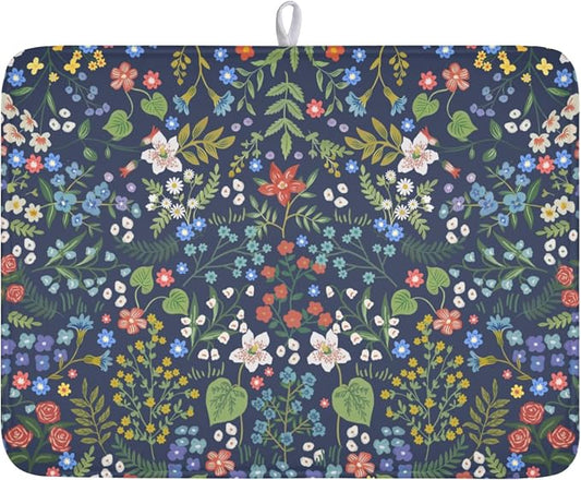 Flower Floral Dish Drying Mat 18x24 inch Microfiber Navy Blue Drying Mats with Hanging Loop Absorbent Green Leaves Dish Drainer Mat Reversible Flowers Drying Pad for Kitchen Counter Sink