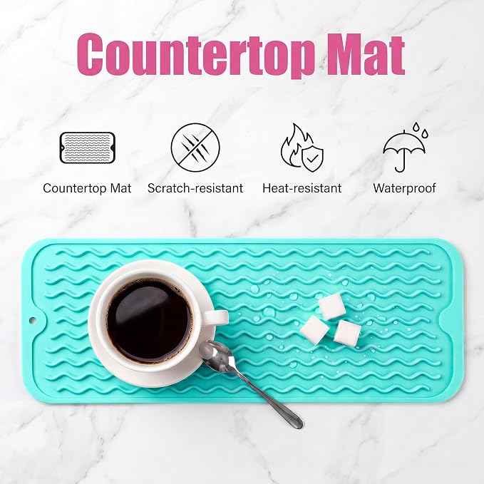 MicoYang Silicone Dish Drying Mat for Multiple Usage,Easy clean,Eco-friendly,Heat-resistant Silicone Mat for Kitchen Counter,Sink,Bar,Bottle,or Cup Mint M 17 inches x 6 inches
