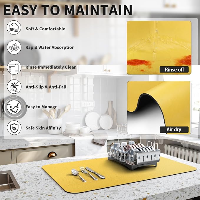 HotLive Dish Drying Mat for Kitchen Counter, Heat Resistant Drainer Mats with Non-slip Rubber Backed, Hide Stain Kitchen Super Absorbent Draining Mat, Easy to Clean Dish Rack Pad, Yellow 16"x18"