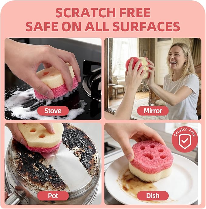 CLEANGOR 4pcs Scrub Sponges, Dual-Sided Temperature-Controlled Dish Sponges | Scratch-Free, Easy to Clean, Kitchen Cleaning Sponges for Tough Stains, Delicate Surfaces, Glassware, Cookware, Appliances