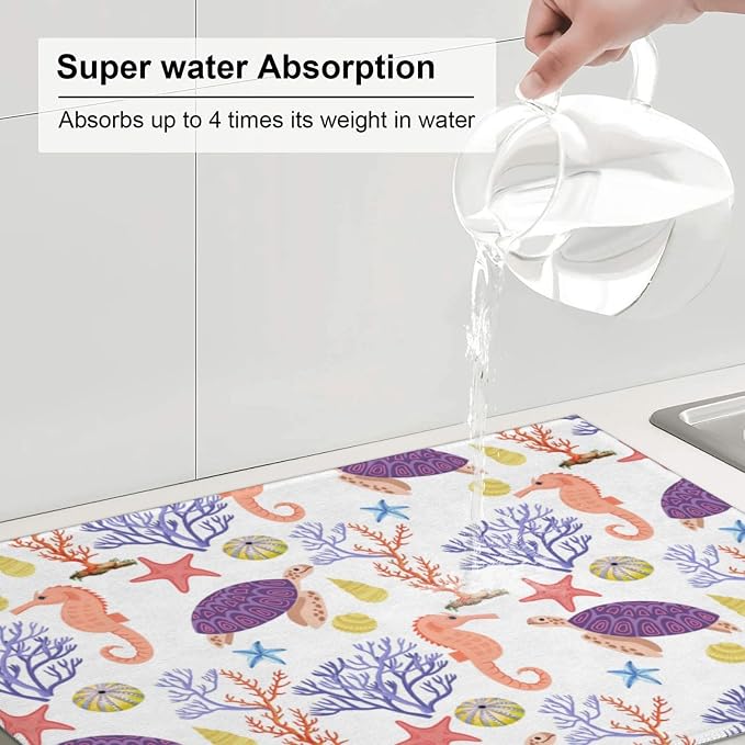 Purple Beach Sea Turtle Dish Drying Mat For Kitchen Counter, Super Absorbent Microfiber Dish Drying Pad, Kitchen Gadgets For Easy Clean Multi-Use Large 18"x24"