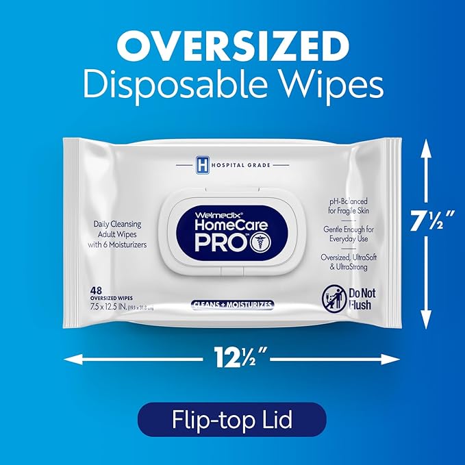 Welmedix Adult Bathing Wipes - Oversized No Rinse Bath Wipes | 6 Moisturizers - Hospital Grade Daily Cleansing Disposable Washcloths for Fragile Skin - XL 7.5” x 12.5” - 48 Count