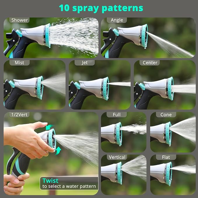 QUOBAS Metal Garden Hose Nozzle, Heavy Duty Water Hose Sprayer, Leak Proof | 10 Pattern Water Nozzle with Rubber Gasket, Garden Sprayer for Watering Plants, Washing Cars, Pet Shower, Blue, 2-Pack