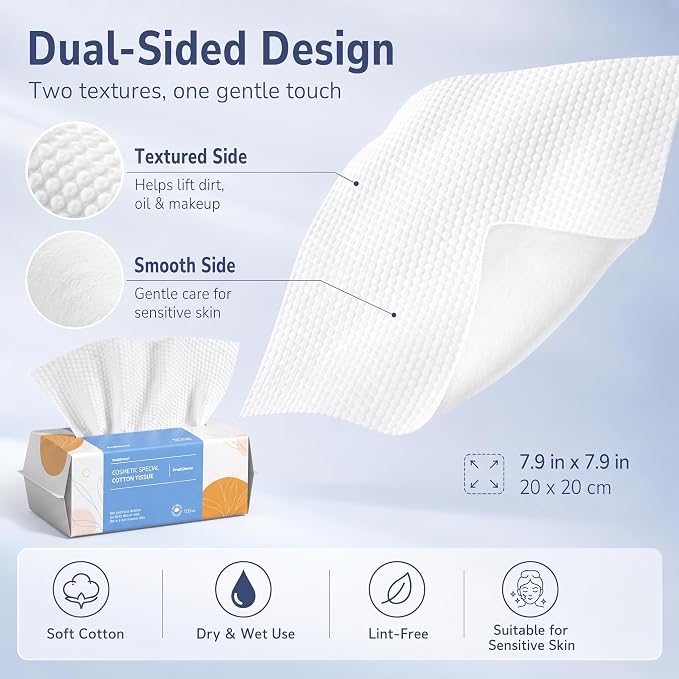 PoeticEHome Soft Dry Wipe 6 Pack, 100% Cotton Face Tissues, Lint Free Facial Cleansing Towels Disposable, Extra Thick Dry and Wet Use for Sensitive Skin, Makeup Removing, Surface Cleaning (600 Count)