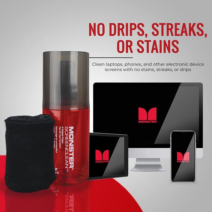 Monster Screen Cleaner Kit with Microfiber Cloth, 60 mL Screen Cleaner Spray for TVs, Monitors, Laptops, Tablets, Smartphones, Eyeglasses, LCD LED OLED Display Cleaner