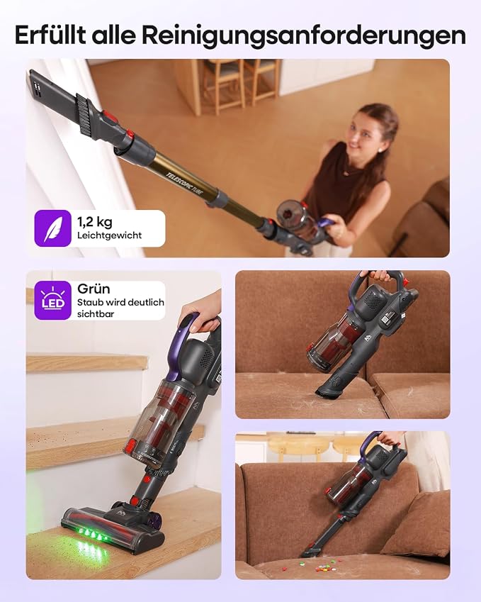 AlloyMove Cordless Vacuum Cleaner 45KPA, Up to 60mins Runtime Lightweight Powerful Suction Vacuum Cleaners for Home, 3 Suction Modes, Rechargeable Stick Vacuum for All Floor/Carpet/Pet Hair/Car, A03