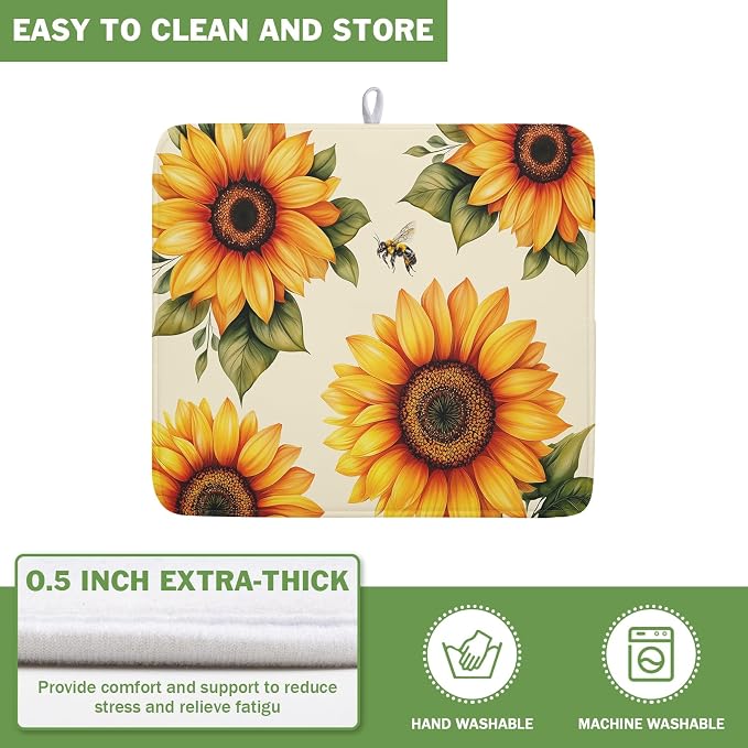 Sunflower Dish Drying Mat 16x18 Inch Absorbent Reversible Summer Drying Mat Sunflower Bee Dish Drying Rack Mat Yellow Summer Themed Dish Drainer Mat for Kitchen Counter Coffee Bar