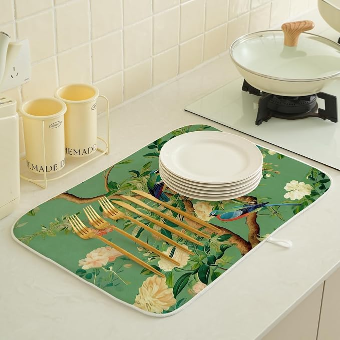 Chinoiserie Dish Drying Mat 18 x 24 Inch Vintage Green Bird Floral Drying Mat for Kitchen Counter Absorbent Spring Summer Green Dishes Dry Pad for Drainer Rack Kitchen Fast Dry