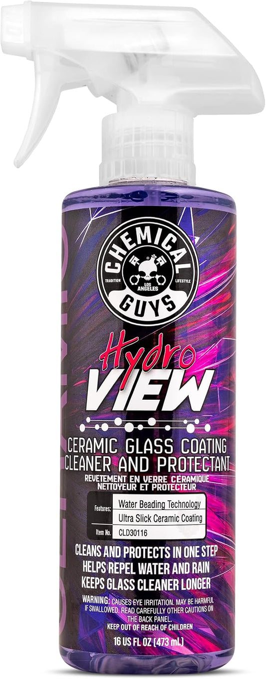 Chemical Guys, HydroView Ceramic Glass Cleaner & Coating for Windows, 16 oz | Cleans glass while adding a hydrophobic layer that beads water and cuts spots for clearer views in rain or fog