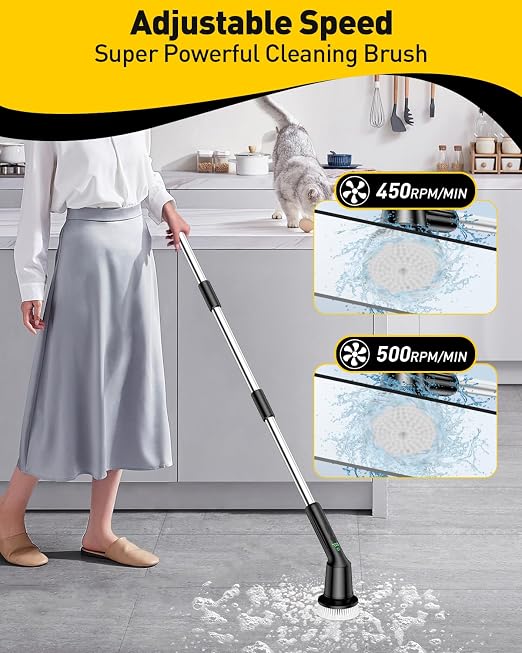 Electric Spin Scrubber for Cleaning Bathroom, Shower Scrubber with IPX7 Waterproof & 2 Speed, 3 Brush Heads, Abrasive Flat End Brushes, Bathroom Cleaning Supplies for Toilet Shower Tub Black