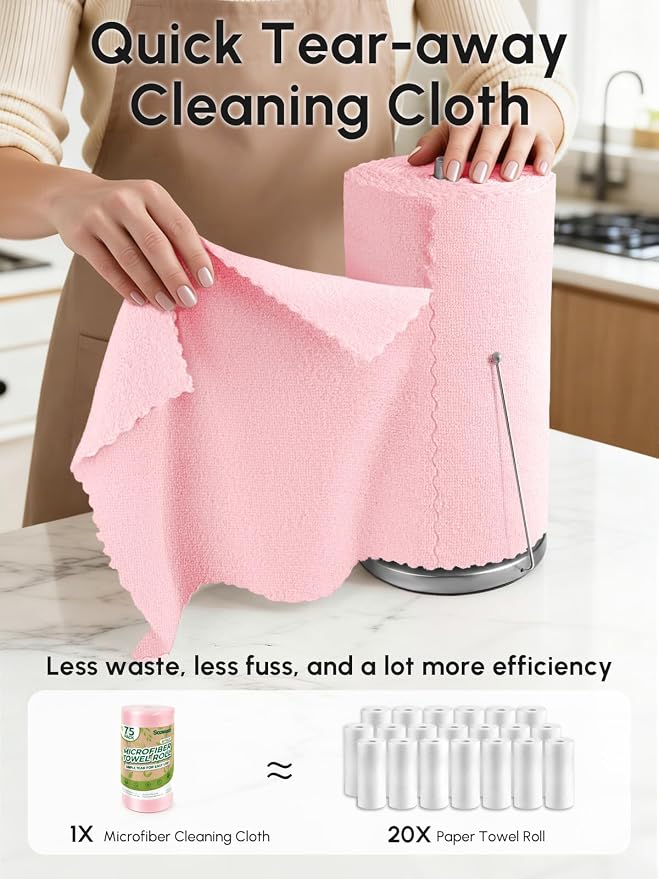 Microfiber Cleaning Cloths Roll, 225 Pack Tear Away Microfiber Towels Roll, 12" x 12" Lint Free Rags, Reusable Cleaning Cloths, Washable, Scratch Free,Ultra Absorbent Dish Rags(Pink)