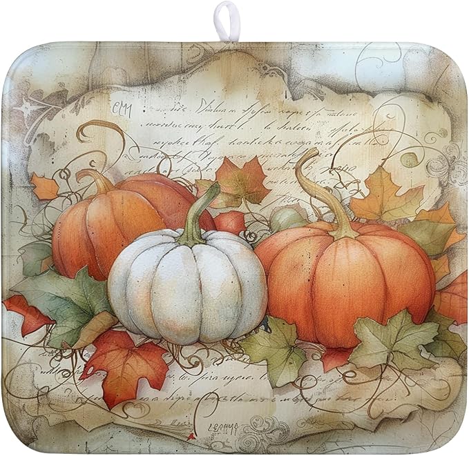 Fall Pumpkin Maple Leaf Dish Drying Mat for Kitchen Counter 16x18 Inch Vintage Autumn Leaves Thanksgiving Drying Mat Seasonal Ultra Absorbent Dish Drainer Rack Mats for Coffee Bar Kitchen