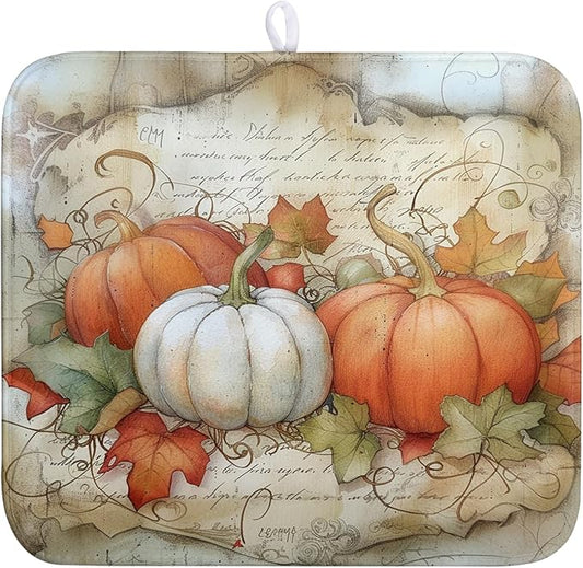 Fall Pumpkin Maple Leaf Dish Drying Mat for Kitchen Counter 16x18 Inch Vintage Autumn Leaves Thanksgiving Drying Mat Seasonal Ultra Absorbent Dish Drainer Rack Mats for Coffee Bar Kitchen