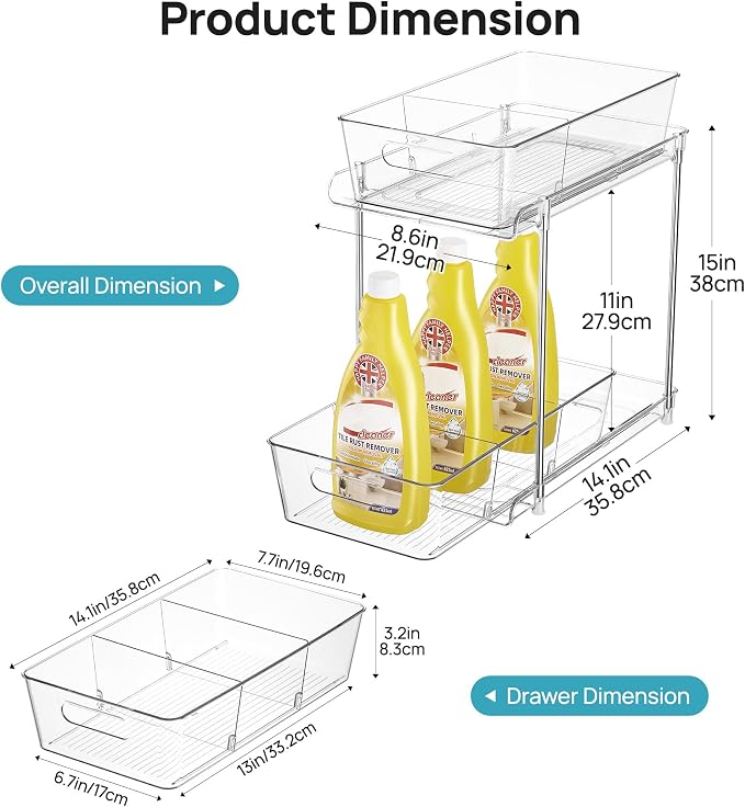 Vtopmart 2 Pack Plastic Larger Higher Bathroom Kitchen Under Sink Organizer (M-Higher)