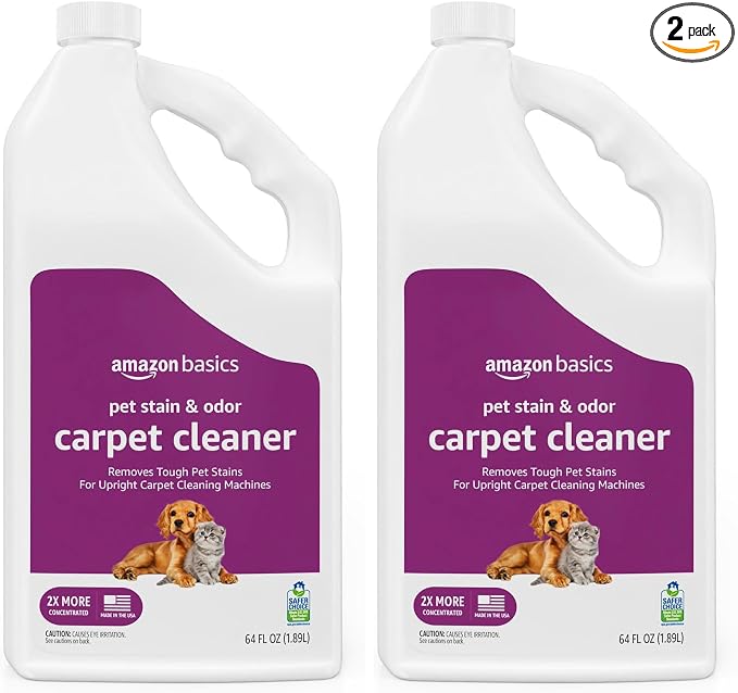 Amazon Basics Pet Stain & Odor Remover, Deep Cleaning Carpet Shampoo, Concentrated Formula, Eliminates Odors, Pet-Safe, Fresh Scent, 64 Fl Oz (Pack of 2)