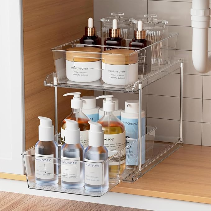 Fabspace Bathroom Under Sink Organizers and Storage, 2 Tier Vanity Countertop Pull-out Cabinet Organizer, Storage Container, Multi-Purpose Kitchen Pantry Organization with Dividers, 1 Pack