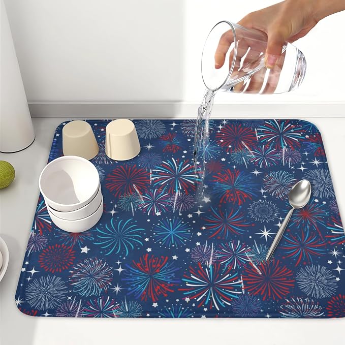4th of July Patriotic Dish Drying Mat for Kitchen Counter 16 x 18 Inch Independence Day Dish Drainer Mat Absorbent Microfiber Firework Dish Rack Pad for Coffee Dining Bar Decor