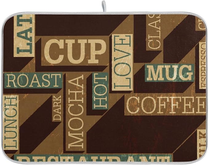 Super Absorbent Dish Drying Mat, Microfiber Fast-Drying Dish Mat, 16" x 18", Kitchen Dish Drying Pad, Coffee Themed Seamless Retro