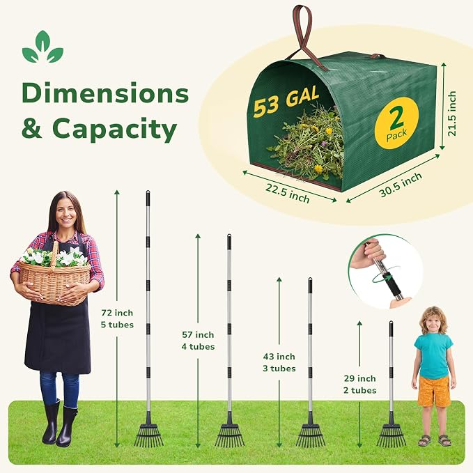 GreatBuddy Leaf Rake and Leaf Bags Combo, Adjustable Metal Garden Rake 29''-72'' 11 Tines, 2 Pack 53 Gallon Reusable Yard Waste Bags, Heavy Duty Lawn Rake with Dustpan Leaf Collector for Yard Cleanup
