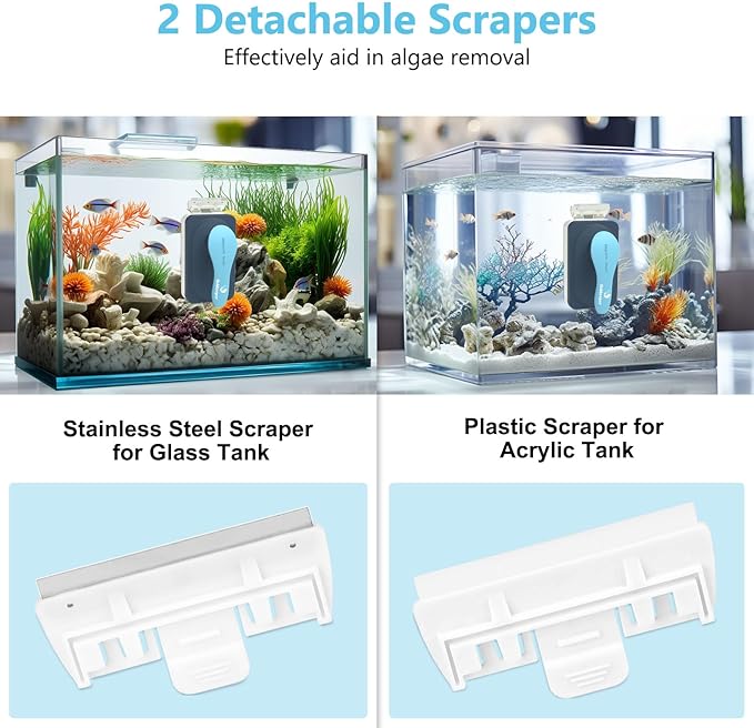 fishkeeper Aquarium Magnetic Glass Cleaner, Fish Tank Algae Cleaning Tool | Magnet with Algae Scraper for Glass Aquariums Tank, Floating Scrubber Brush, 2 Detachable Scrapers, Large