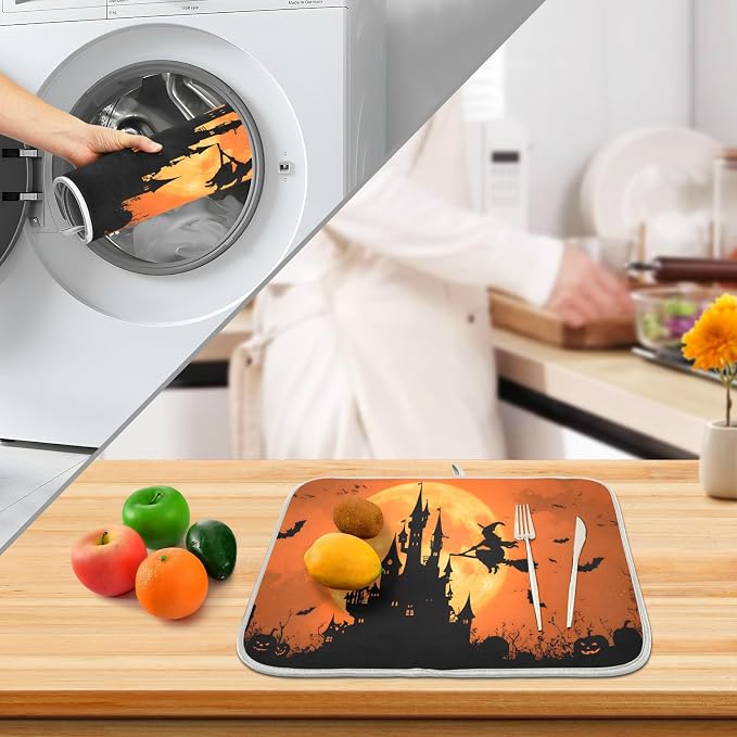 Halloween Witch Bat Castle Pumpkin Dish Drying Mat for Kitchen Counter Absorbent Microfiber Small Drying Pad Dish Mats for Kitchen Countertops 16 x 18 Inch