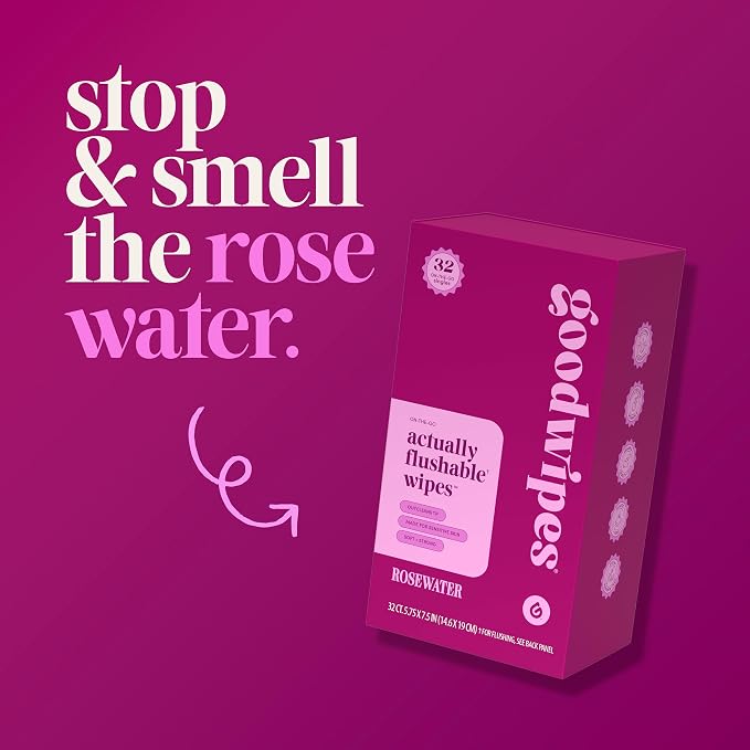 goodwipes Flushable Wipes for Women - Rosewater Individually Wrapped Travel Butt Wipes To Go, Mini Purse & Festival Essentials for Adults, pH Balanced for Feminine Hygiene, 32 Count (1 Pack)