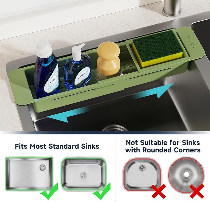 NiHome Extendable Sink Caddy, Small Telescopic Kitchen Brush Holder | Adjustable Sink Organizer for Brush/Sponge with Fast Drainage, Durable ABS, Non-Slip Pads, Expandable Brushes Holder (Green)