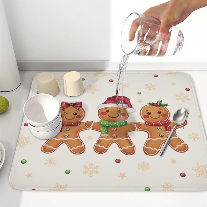 Christmas Gingerbread Man Dish Drying Mat for Kitchen Counter Xmas Gold Snowflake Dish Drainer Mat Rustic Farmhouse Winter Holiday Absorbent Washable Drying Pad 16"x18"