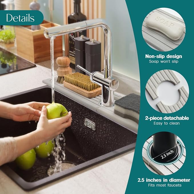 Large Faucet Mat for Kitchen Sink - Stone Drying Mat for Kitchen Counter, Diatomite Fast Drying Stone Sink Tray, Super Absorbent, Stylish Decor and Protector for Bathroom (Light Grey, 23.6" x 5.5")