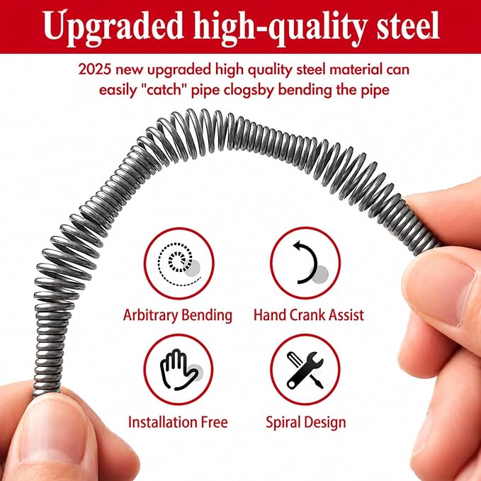 Drain Snake Auger, 33 Feet Plumbing Snake Drain Hair Clog Removal Tool, Heavy Duty Snake Auger, Sink Unclogger Drain Cleaner Tool for Bathroom Kitchen Tub Shower Drain Clog Remover with Gloves, Red